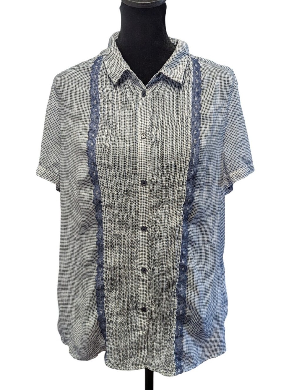 Chic By Jacob Sheer Gingham Plaid Blouse Blue White Size L